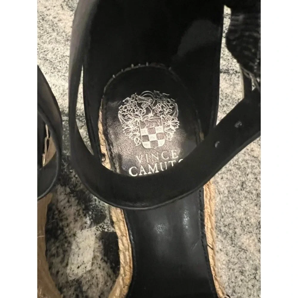 Vince Camuto Espadrille Wedge Sandals Womens Black Leather Ankle Strap Size 10